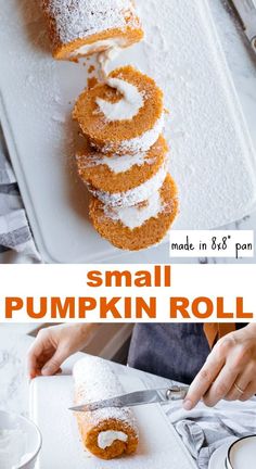 small pumpkin roll on a cutting board with powdered sugar