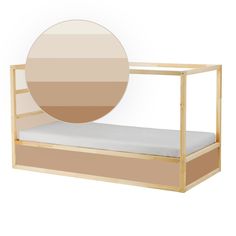 a bed with a round mirror on top of it's headboard and bottom shelf