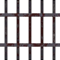 an old metal fence with bars and rusted paint on the top, as well as white background