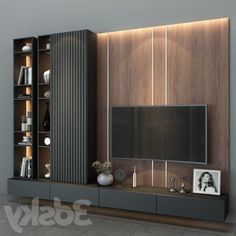 a living room with a large entertainment center and built - in bookshelves on the wall