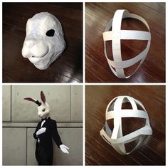 four pictures of different masks made to look like rabbits