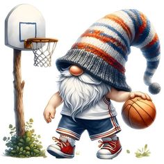 a cartoon gnome is holding a basketball in his hand and wearing a knitted hat