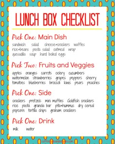 the lunch box checklist is shown in red, yellow and blue with polka dots