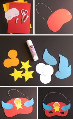 paper cut outs and crafting supplies are arranged on the table to make an angel mask