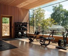 there are many exercise equipment in the room with glass doors on the windowsills