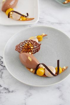 a white plate topped with a dessert covered in chocolate