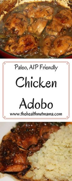 chicken adobo with rice in a skillet and the words palen alp friendly