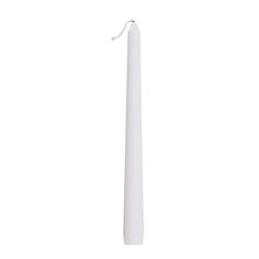 a tall white candle is on a white surface and has a string attached to it