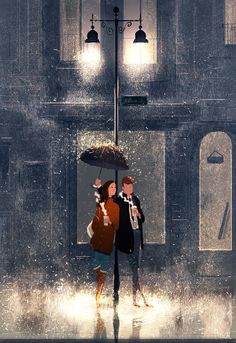 two people are standing under an umbrella in the rain while another person holds an umbrella