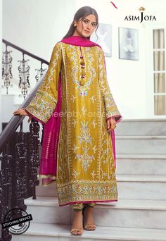 Designer Pakistani Party Wear with Embroidery is classical attire from latest designer party wear collection. Party Dress embroidered with Sequins, Hand work. This stunning party dress gives real princess look and it is perfect for wedding party ceremony and for those looking for quality and delicate work. Shirt: Gorgeous Party Shirt in Mustard color is adorned with sequins embroidery work all over. Front dress is adorned with Embroidered colorful threadwork. Neckline is embellished with thread Casual Bridal Dress, Pakistan Dress, Asim Jofa, Pakistani Party Wear, Sajal Ali, Pakistani Fashion Casual, Bridal Dress Fashion, Pakistani Designers, Desi Fashion