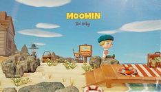 a cartoon character sitting on top of a wooden bench in front of a sign that says moomin