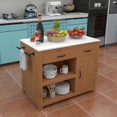 a kitchen island with plates and bowls on it