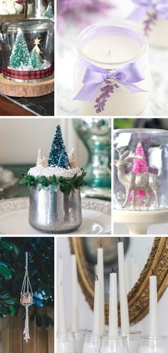 christmas decorations and candles are displayed in this collage, including glass jars with small trees on them