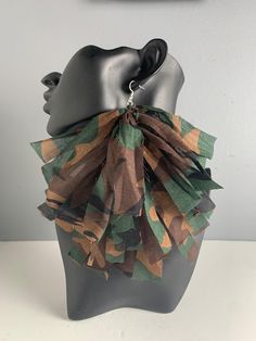 Dark Camouflage earrings made from cotton, camo print fabric. Hanging earrings frayed, fringe. Made for pierced ears. Fabulous statement piece. Cloth Earrings, Fabric Hanging, Earrings Green, Hanging Earrings, Green Earrings, Etsy Earrings Dangle, Camo Print, Earrings Dangle, Pierced Ears