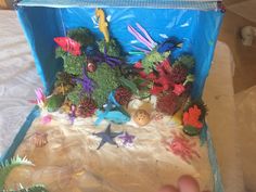 a plastic bag filled with different types of sea animals and corals on top of sand