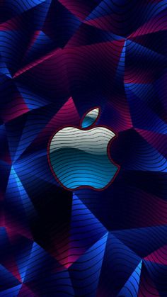 an apple logo is shown on a blue and red background with wavy lines around it