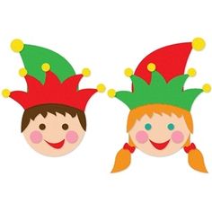 two children's faces with red and green hats on their heads, one is smiling at the camera