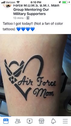 an arm tattoo with the words air force mom on it