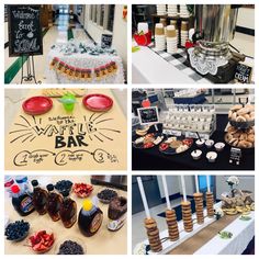 several different pictures of food and drinks on display