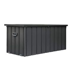 an outdoor storage box with the door open and two handles on each side, in black