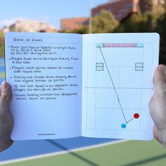 a person holding up a book with an image of a tennis court on it and the text game of zones