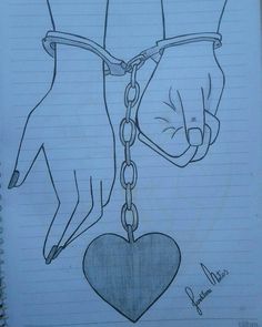 drawing of two hands chained to each other holding a heart and a hand with a chain