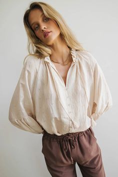 Elowen Button Up Blouse in Cream Chic Neutral Button-up Top, Chic Flowy Button-up Blouse, Relaxed Fit Bohemian Button-up Tops, Cream Linen Button-up Top, Feminine Cream Button-up Blouse, Oversized Vest, Ribbed Skirt, Dolman Top, Knit Maxi Skirt