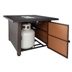 an open cabinet with a propane tank in the center and brown panels around it