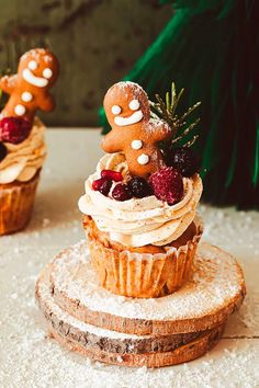 two cupcakes decorated with icing, berries and ginger faces on top of each other