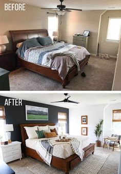 before and after photos of a bedroom makeover with wood furniture, carpeted flooring and ceiling fan