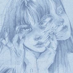 a pencil drawing of a woman holding her head to her face with two hands over her face