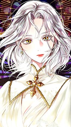 an anime character with blonde hair wearing a white shirt and gold chain around her neck