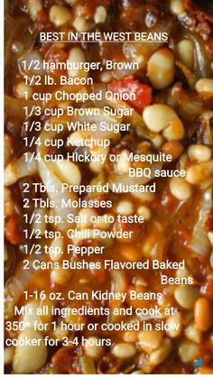 the recipe for baked beans is shown in an image with instructions on how to make it