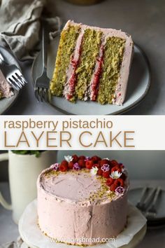 Raspberry Pistachio Layer Cake Recipe! The most gorgeous pistachio sponge layer cake filled with fresh raspberry buttercream frosting and homemade raspberry jam. The hue of this pistachio is a beautiful natural light green color on its own. NO food dye needed, promise! Pistachio Cake With Raspberry Filling, Raspberry Filling Recipe, Pistachio And Raspberry Cake, Layer Cake Flavors, Pistachio Raspberry Cake, Pistachio Cake Filling, Raspberry Cake Recipes, Raspberry Buttercream Frosting, Chocolate And Raspberry Tart