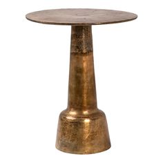 a small round table with a wooden top and metal base, on a white background