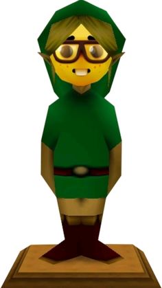 a cartoon character with glasses and a green hoodie standing on top of a wooden block