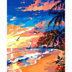 a painting of a beach with palm trees and birds flying over the water at sunset