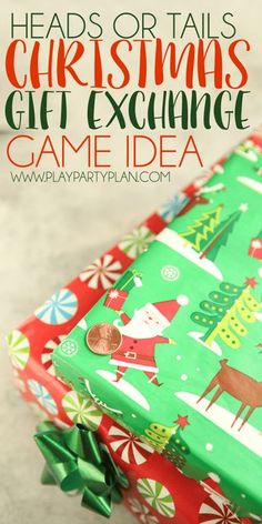 a christmas present wrapped in green and red wrapping paper with the words heads or tails christmas gift exchange game idea