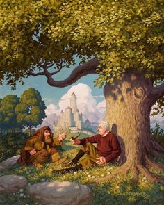 two men sitting under a tree in the grass