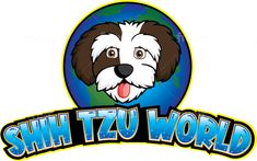 the logo for shi tzu world with a dog's face and tongue sticking out