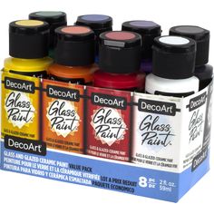 six different colors of glass paint in a display box with the words decoart on it