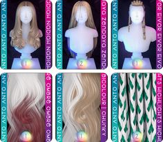 the wigs are all different colors and sizes