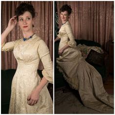 A gorgeous, wearable c. late 1870s or early 1880s natural form era gown perfect for antique elegance at a wedding. It is made of a lustrous ivory silk jacquard interlined with cotton, in high necked style that hugs the curves of the body and emphasizes the bust - the bust actually has homemade padding on the interior to ensure it. Two rows of a gathered chiffon ruffle frame the neckline. There are four long stays at the front, and two shorter stays on each side. The sleeves are just past half le Victorian Ball Gown For Vintage Events, Cream Victorian Ball Gown For Wedding, Vintage Brocade Victorian Dress For Wedding, Fitted Gold Victorian Dress In Vintage Style, Fitted Gold Victorian Vintage Dress, Fitted Gold Victorian Dress, Vintage Style, Elegant Gold Victorian Dress With Historical Design, Vintage Brocade Victorian Dress For Costume, Fitted Historical Victorian Dress For Wedding