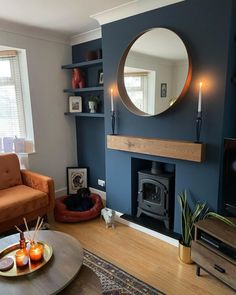 a living room with blue walls and wood burning stove in the corner, surrounded by furniture