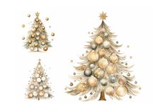 three christmas trees with ornaments on them, one in gold and the other in silver