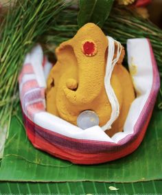 a yellow stuffed animal in a red and white basket on a green leafy surface