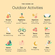 the signs as outdoor activities are shown in this graphic style, with different types of things to see and do