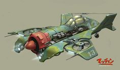 a drawing of a green and red fighter jet with wheels on it's side