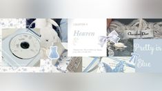 a collage of blue and white items with the words heaven written on them,