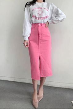 Pink High-waisted Denim Skirt For Spring, Pink High-waisted Fitted Denim Skirt, Spring Slim Bottoms With Pockets, Trendy High Waist Pencil Skirt For Spring, High Waist Pink Cotton Denim Skirt, Trendy Fitted Pink Denim Skirt, Pink Fitted Trendy Denim Skirt, Casual High Waist Pink Denim Skirt, Trendy Non-stretch Pencil Skirt